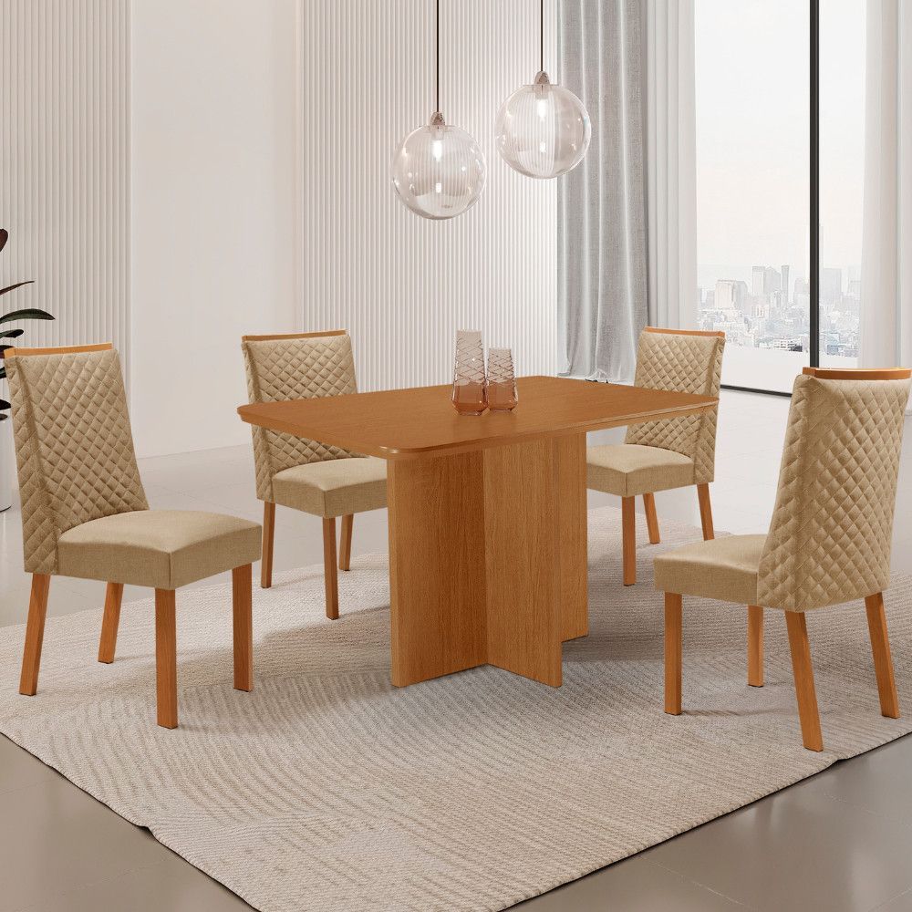 Mesa de Jantar Olimpia 4 Lugares Retangular MDF Laminado 120CM Bege com 4 Cadeiras Yasmin Moderna