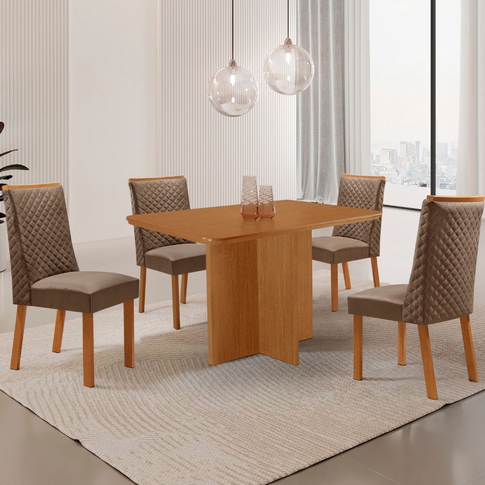 Mesa de Jantar Olimpia 4 Lugares Retangular MDF Laminado 120CM Creme com 4 Cadeiras Yasmin Veludo Moderna