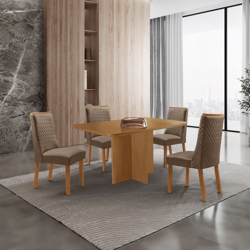 Mesa de Jantar Olimpia 4 Lugares Retangular MDF 120CM Creme com 4 Cadeiras Carolina Veludo Moderna