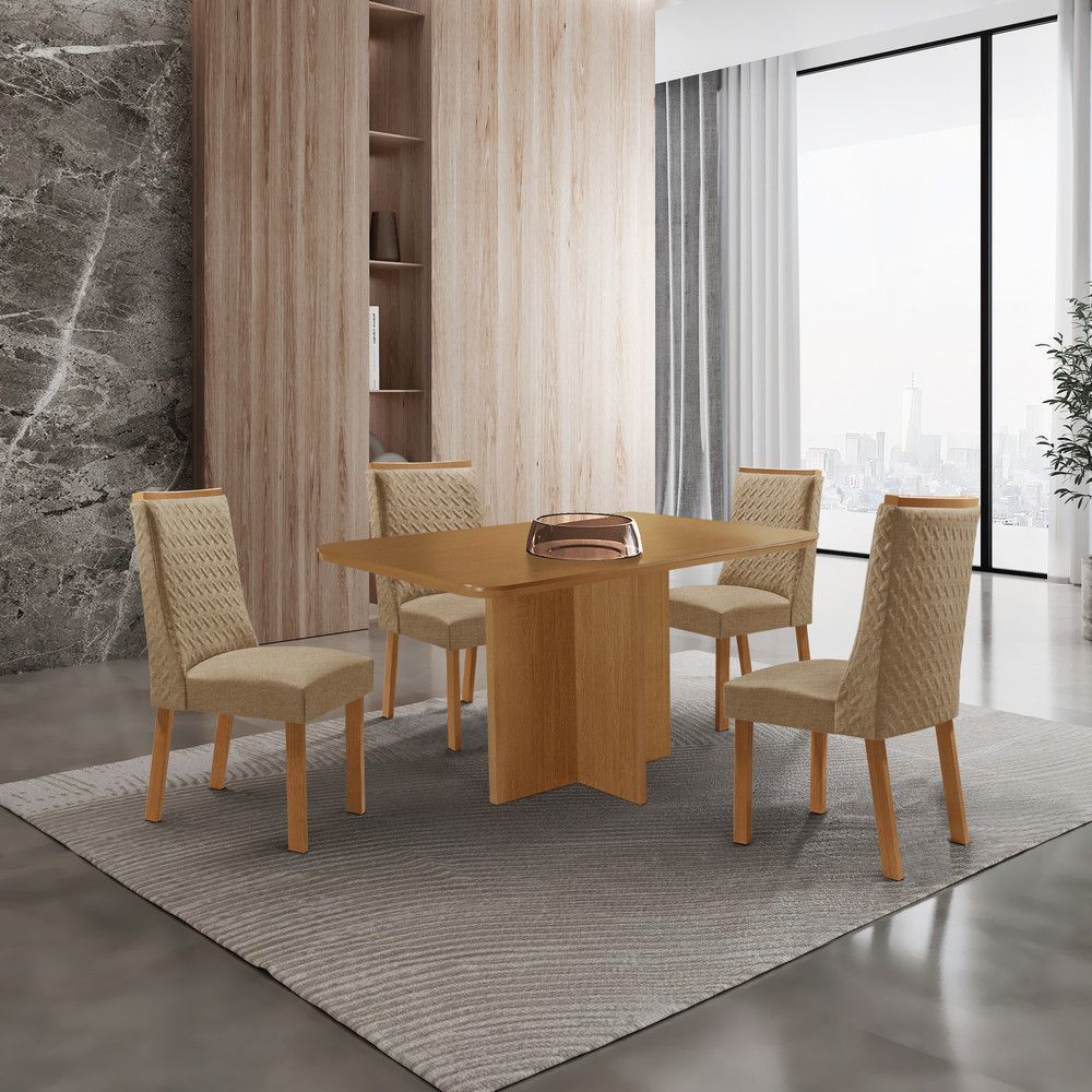 Mesa de Jantar Olimpia 4 Lugares Retangular MDF Amadeirado com Cadeiras Carolina Moderna 120CM