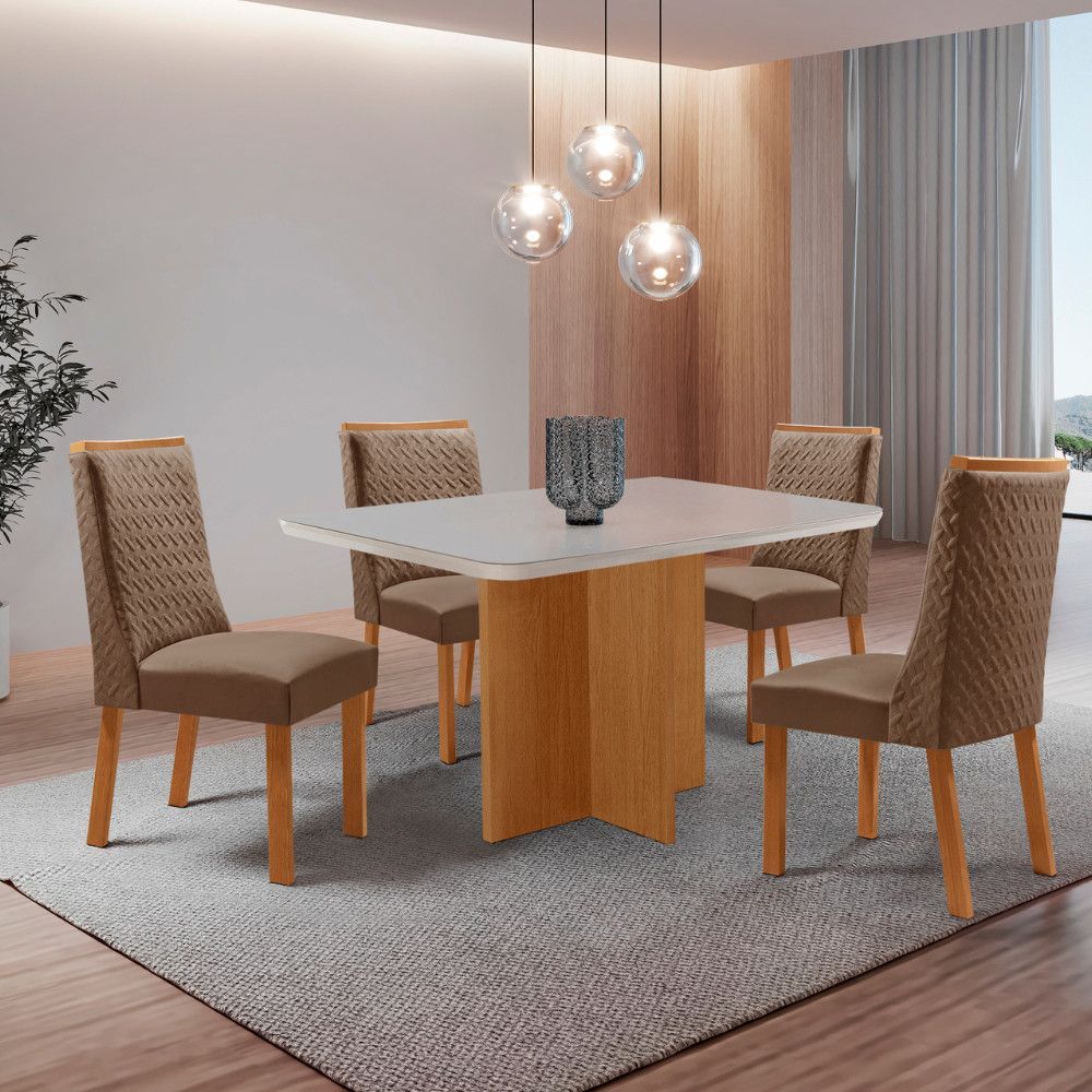 Mesa de Jantar Olimpia 4 Lugares Retangular MDF com Vidro Serigrafado 120CM Creme Moderna