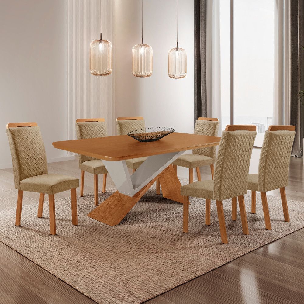 Mesa de Jantar Yasmin 6 Lugares Retangular MDF Canto Copo 180CM Off White Moderna
