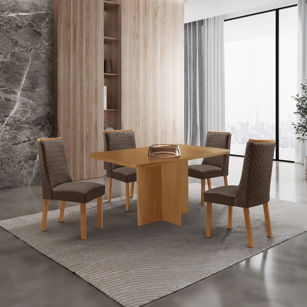 Mesa de Jantar Olimpia 4 Lugares Retangular MDF 120cm Marrom com Cadeiras Carolina Veludo Moderna