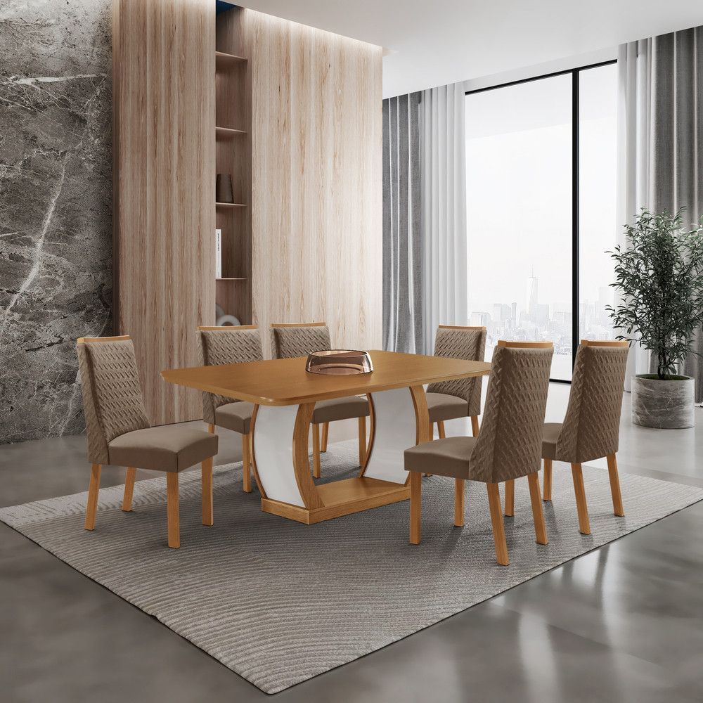 Mesa de Jantar Milena 6 Lugares Retangular MDF 180CM Off White com Cadeiras Carolina Veludo Moderna 6 Cadeiras