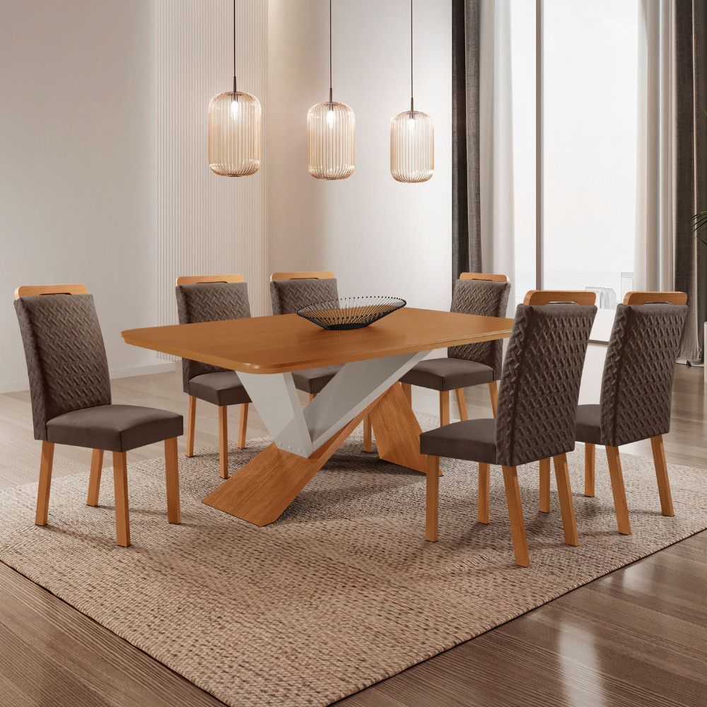 Mesa de Jantar Yasmin 6 Lugares Retangular MDF 180CM Off White com Cadeiras Aline Veludo Capuccino Moderna