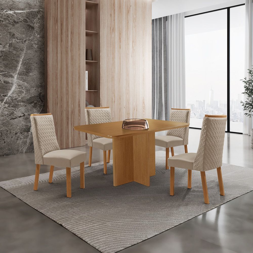 Mesa de Jantar Olimpia 4 Lugares Retangular MDF 120CM Creme com 4 Cadeiras Carolina Moderna