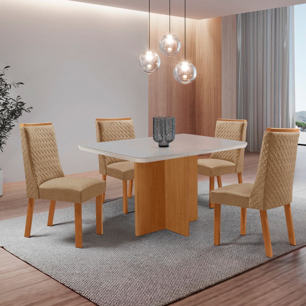 Mesa de Jantar Olimpia 4 Lugares Retangular MDF com Vidro Serigrafado 120CM Off White Moderna