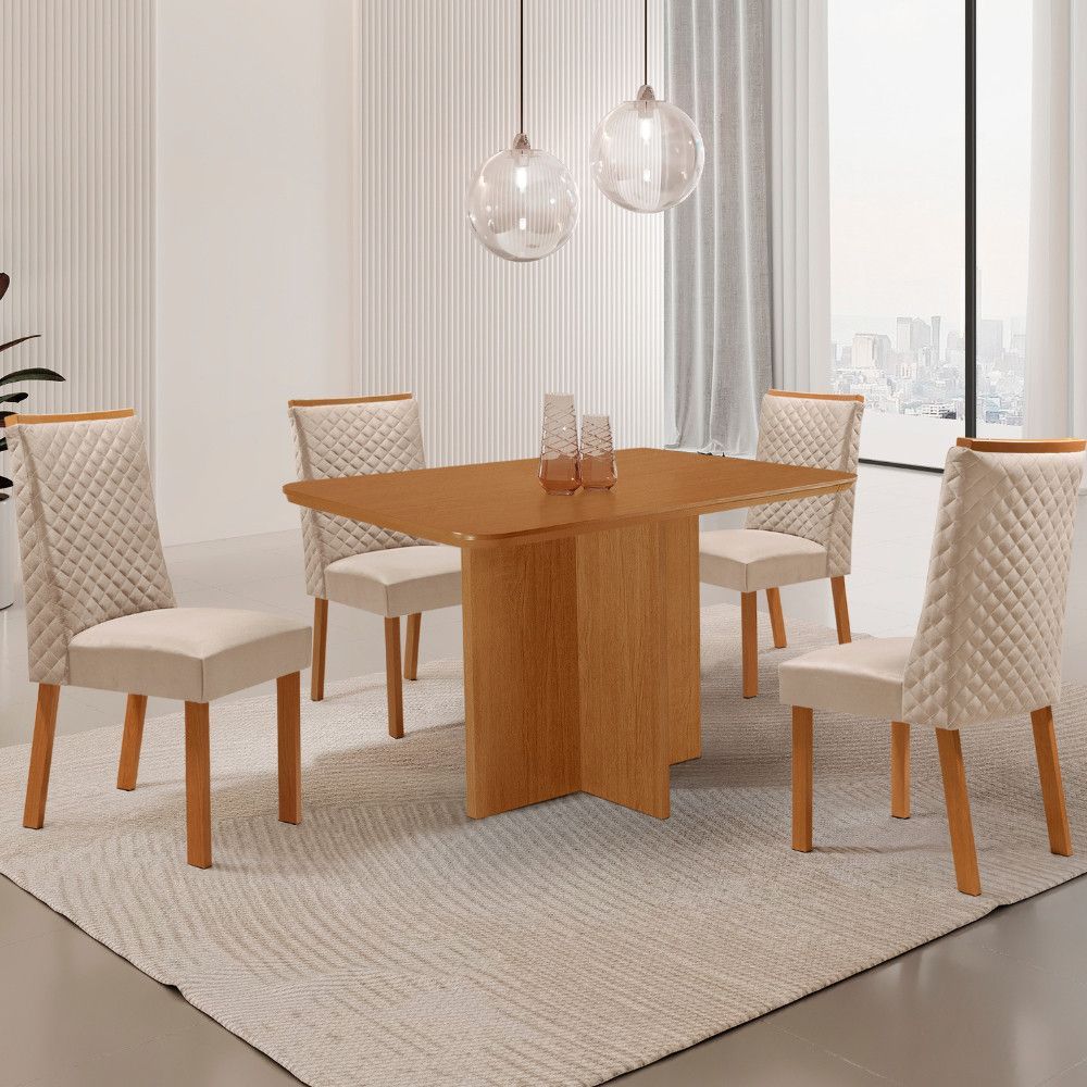Mesa de Jantar Olimpia 4 Lugares Retangular MDF Laminado 120CM Creme com 4 Cadeiras Yasmin Veludo Moderna
