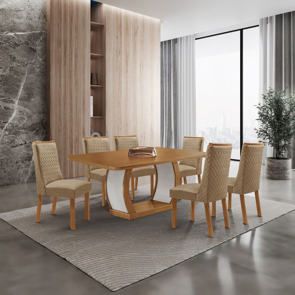 Mesa de Jantar Milena 6 Lugares Retangular MDF 180CM Off White com Cadeiras Carolina Moderna