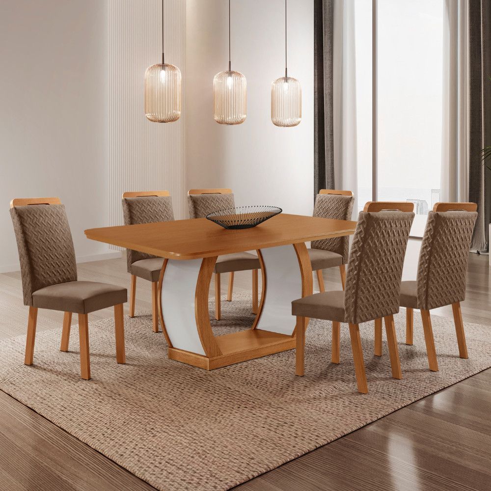 Mesa de Jantar Milena 6 Lugares Retangular MDF Laminado 180CM Off White com 6 Cadeiras Aline Veludo Moderna