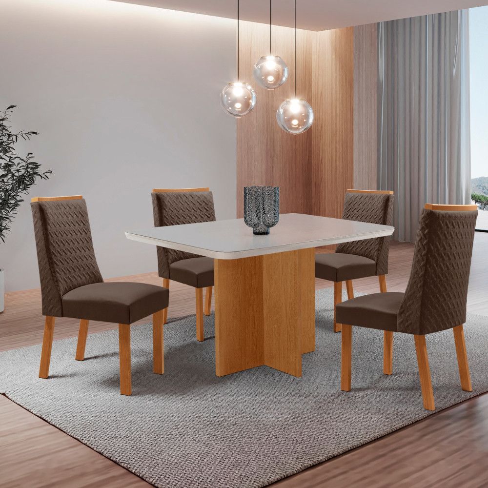 Mesa de Jantar Olimpia 4 Lugares Retangular MDF Vidro Serigrafado Canto Copo Marrom Moderna 120CM