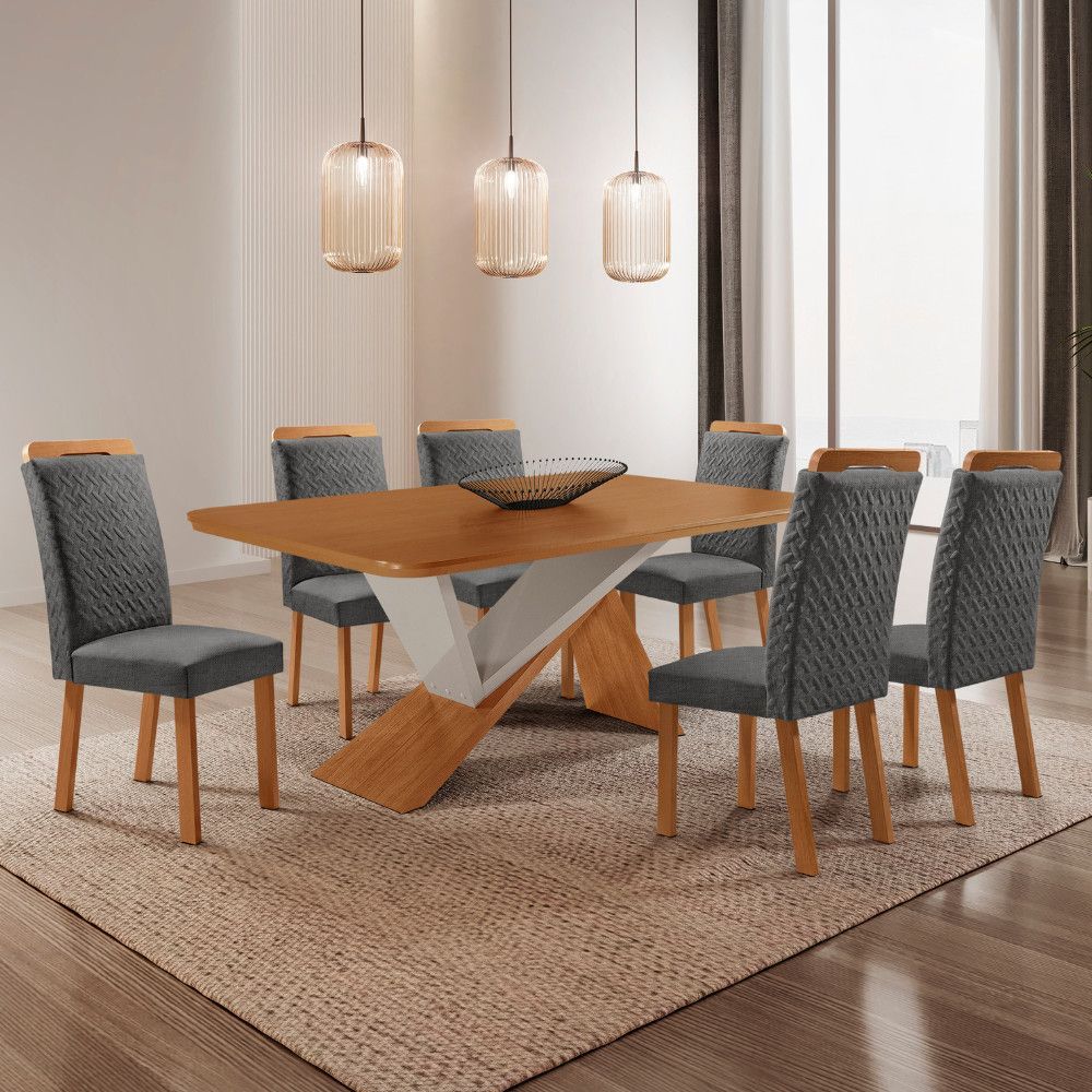 Mesa de Jantar Yasmin 6 Lugares Retangular MDF 180CM Grafite e Off White com Cadeiras Aline Moderna