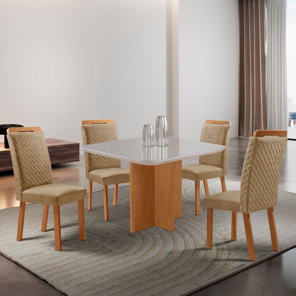 Mesa de Jantar Olímpia 4 Lugares Quadrada Tampo MDF com Vidro Serigrafado 90CM Off White Moderna 90CM