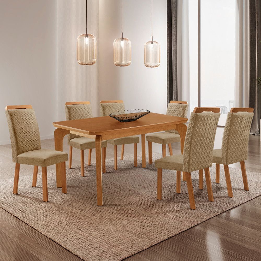 Mesa de Jantar Liz 6 Lugares Retangular MDF 180CM Naturale com 6 Cadeiras Aline Moderna
