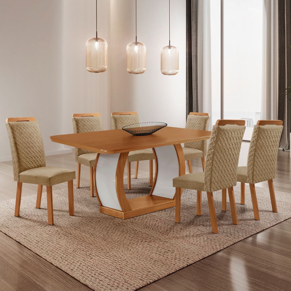Mesa de Jantar Milena 6 Lugares Retangular MDF Laminado 180CM Off White com Cadeiras Aline Moderna