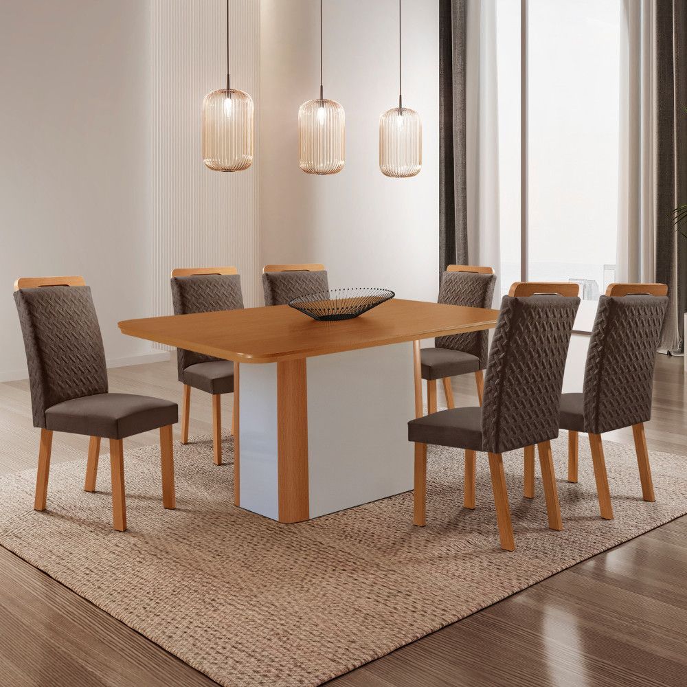 Mesa de Jantar Isadora 6 Lugares Retangular MDF 180CM Marrom e Off White Moderna