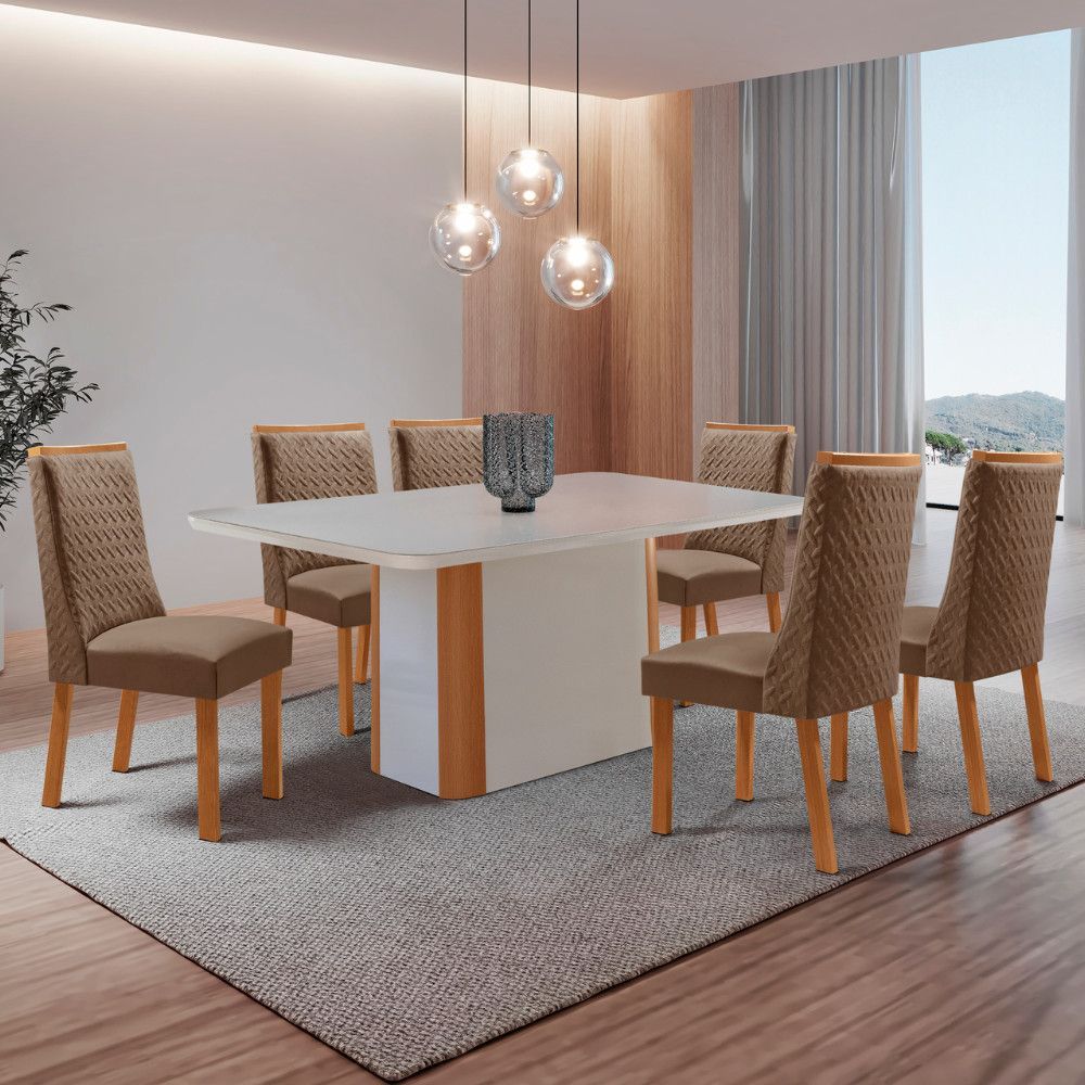 Mesa de Jantar Isadora 6 Lugares Retangular MDF com Vidro Serigrafado Off White Moderna 180CM