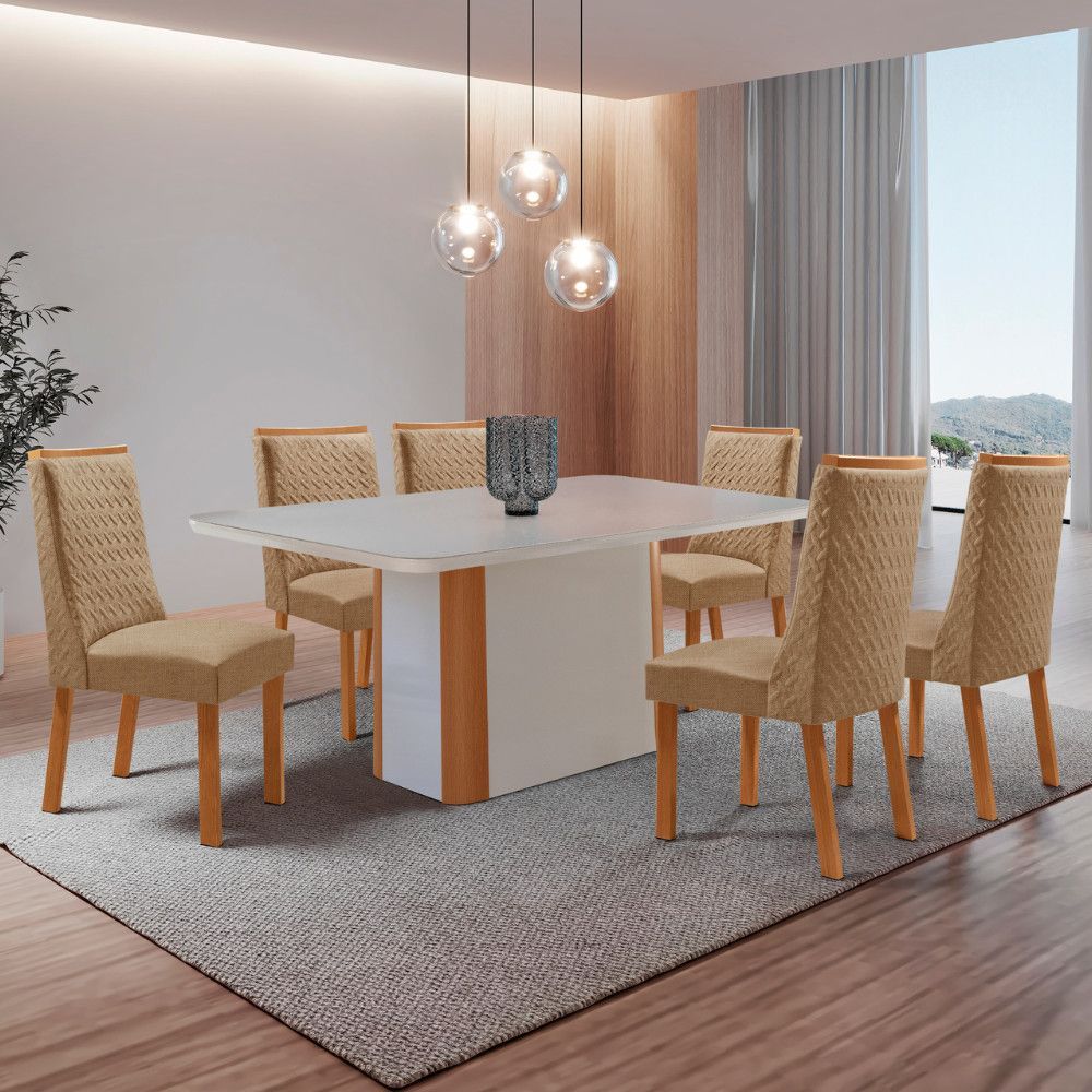 Mesa de Jantar Isadora 6 Lugares Retangular MDF com Vidro Serigrafado 180CM Off White Moderna