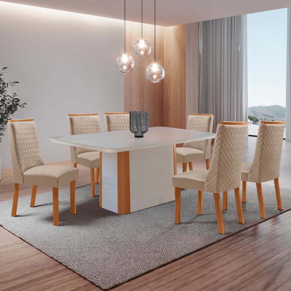 Mesa de Jantar Isadora 6 Lugares Retangular MDF com Vidro Serigrafado Off White Moderna 180CM