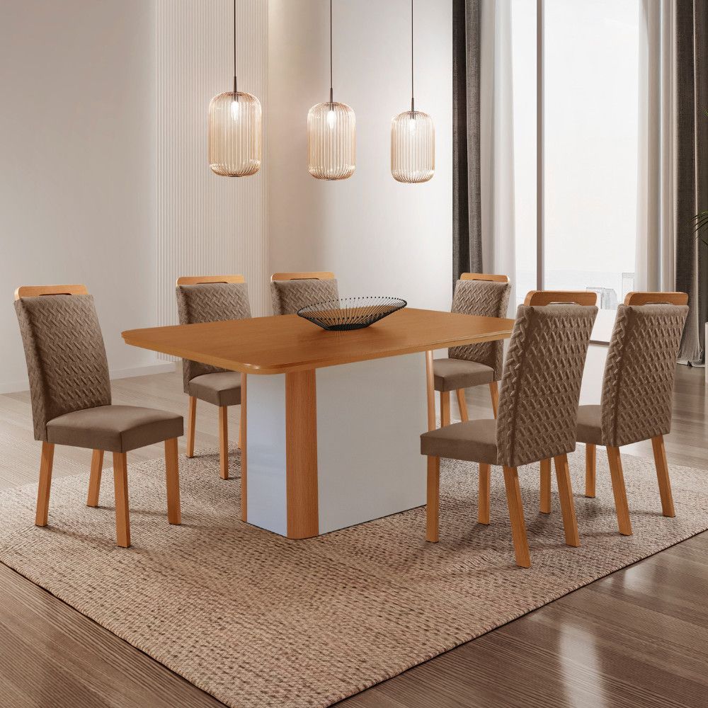 Mesa de Jantar Isadora 6 Lugares Retangular MDF 180cm Off White com Cadeiras Aline Veludo Capuccino Moderna