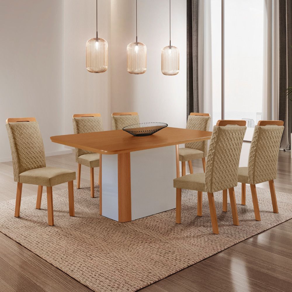 Mesa de Jantar Isadora 6 Lugares Retangular MDF 180CM Off White com 6 Cadeiras Aline Moderna