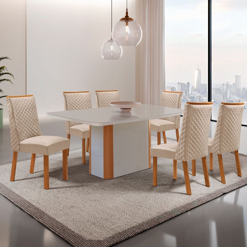 Mesa de Jantar Isadora 6 Lugares Retangular MDF Vidro Copo 180CM Cadeiras Yasmin Veludo Off White Moderna
