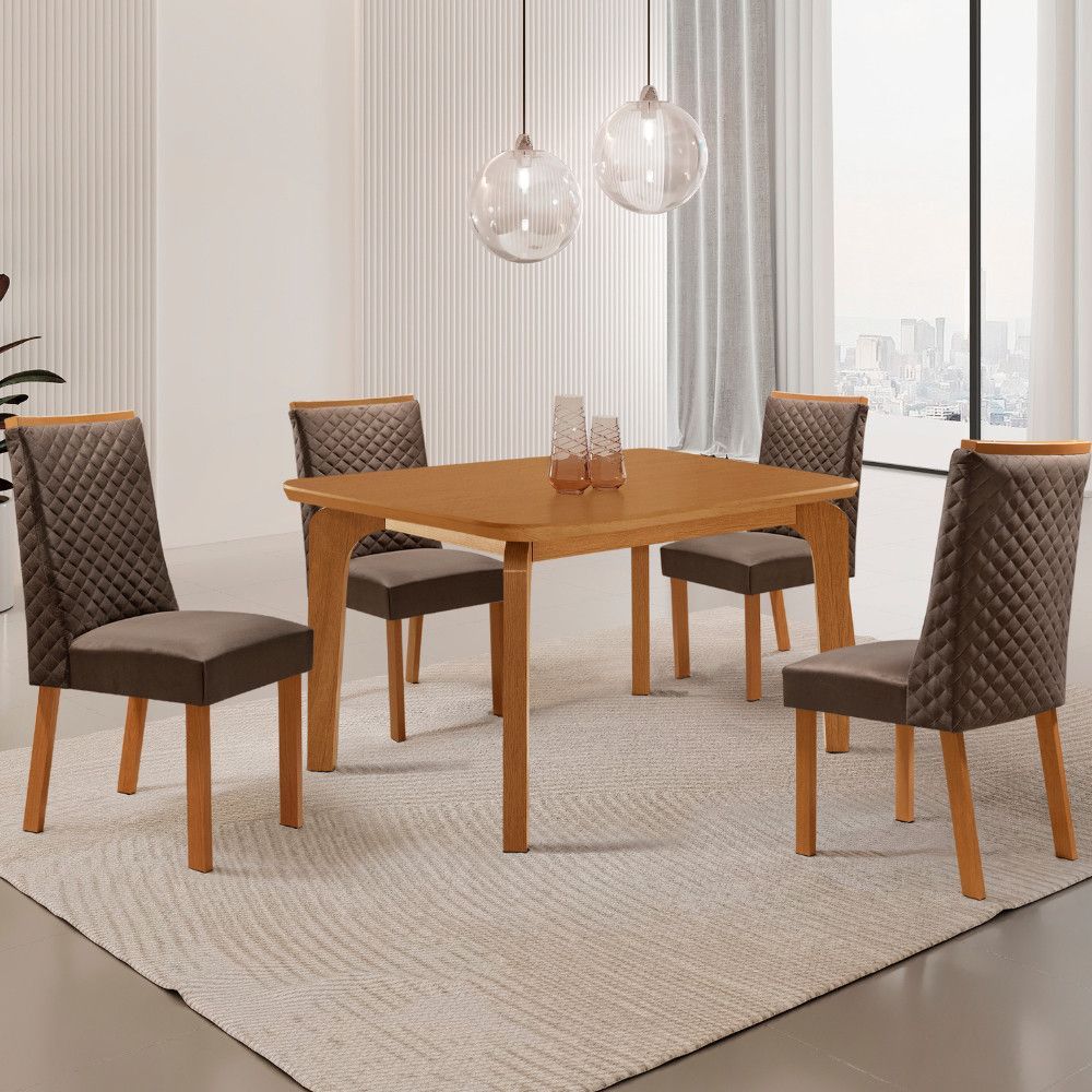 Mesa de Jantar Liz 4 Lugares Retangular MDF Laminado 120CM Marrom Moderna 4 Cadeiras Yasmin Veludo