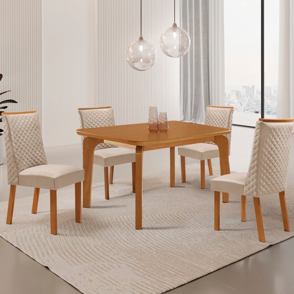 Mesa de Jantar Liz 4 Lugares Retangular MDF Laminado 120CM Creme e Naturale com 4 Cadeiras Yasmin Moderna