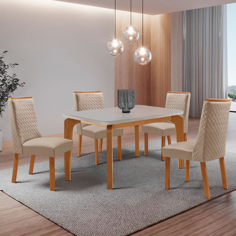 Mesa de Jantar Liz 4 Lugares Retangular MDF com Vidro Serigrafado Off White Moderna 120CM