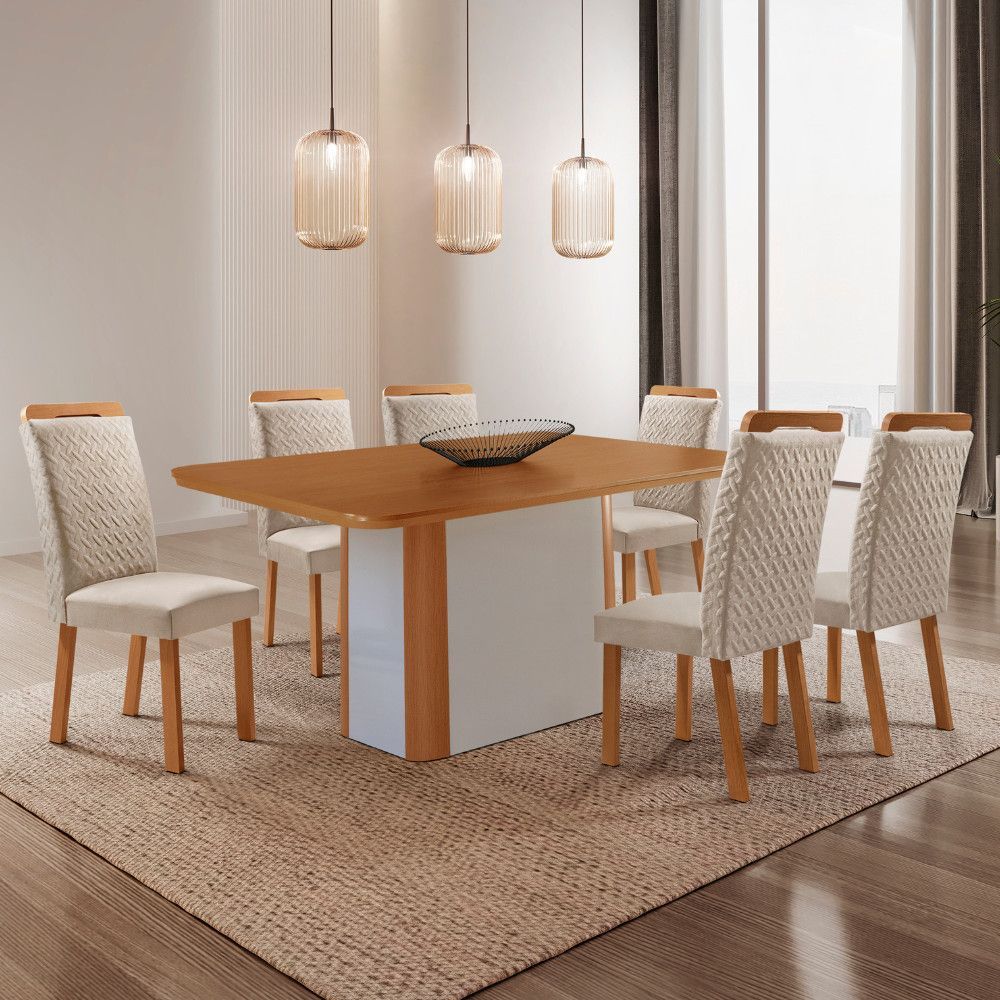 Mesa de Jantar Isadora 6 Lugares Retangular MDF 180CM Creme com 6 Cadeiras Aline Veludo Moderna
