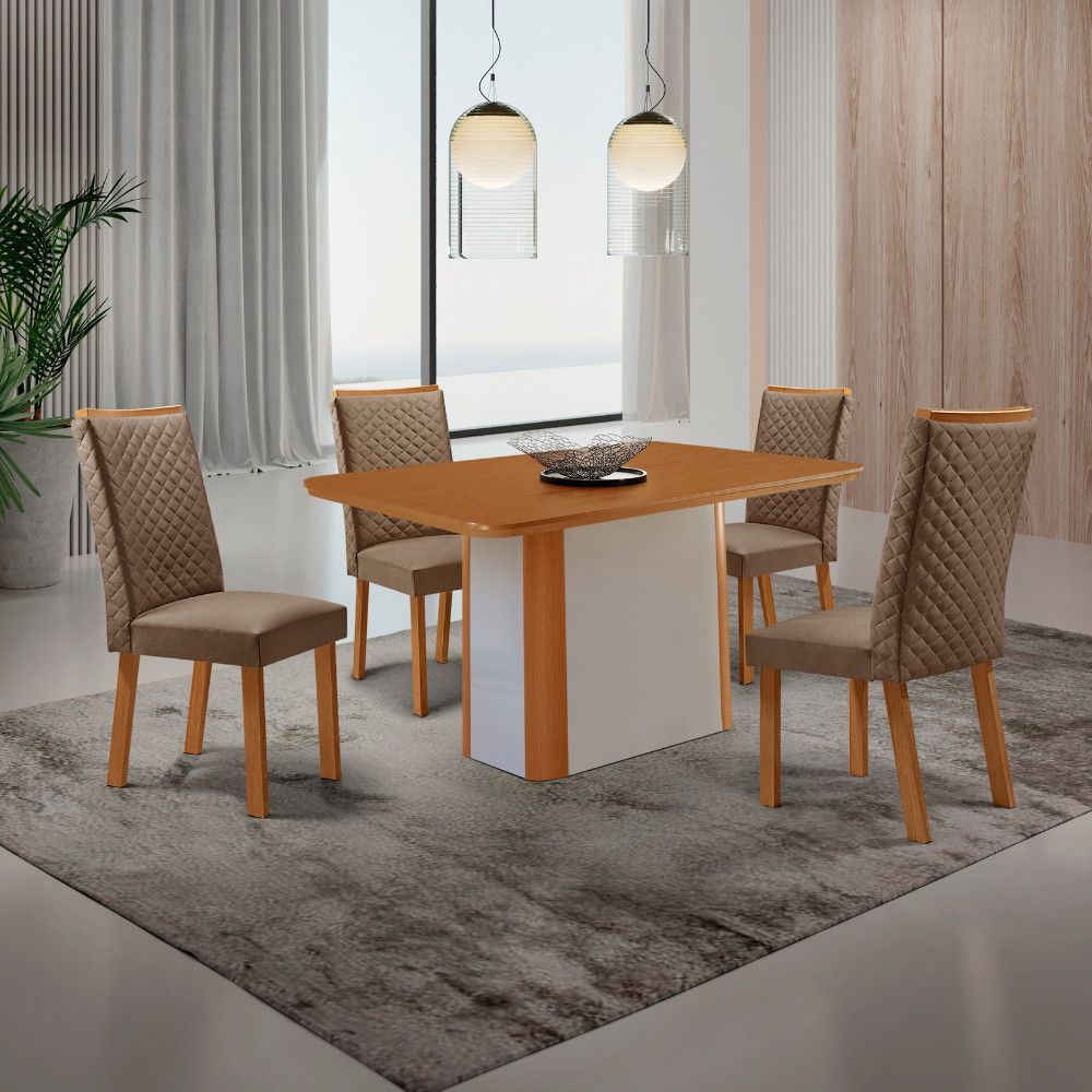 Mesa de Jantar Isadora 4 Lugares Retangular MDF com Vidro Serigrafado Off White Moderna 120CM