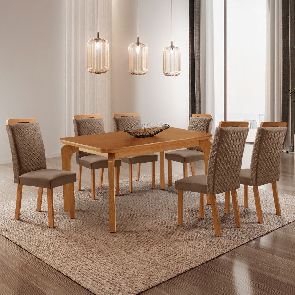 Mesa de Jantar Liz 6 Lugares Retangular MDF 180CM Creme com 6 Cadeiras Aline Veludo Capuccino-Naturalle Moderna