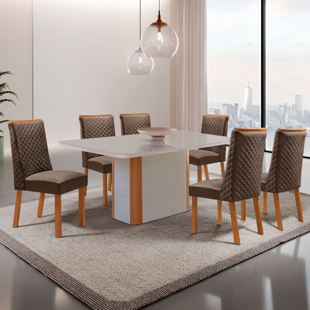 Mesa de Jantar Isadora 6 Lugares Retangular MDF com Vidro Serigrafado Marrom Moderna 180CM