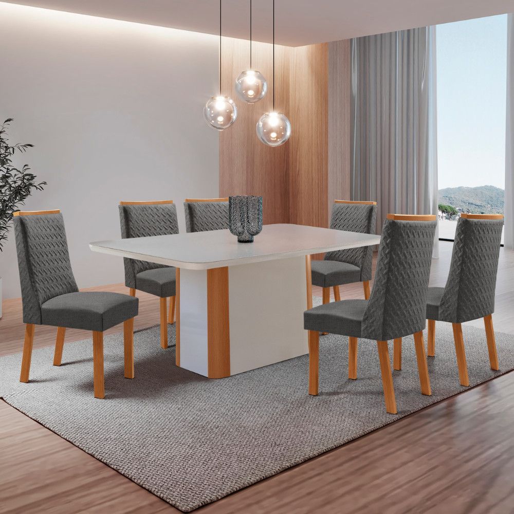 Mesa de Jantar Isadora 6 Lugares Retangular MDF com Vidro Serigrafado 180CM Grafite Moderna