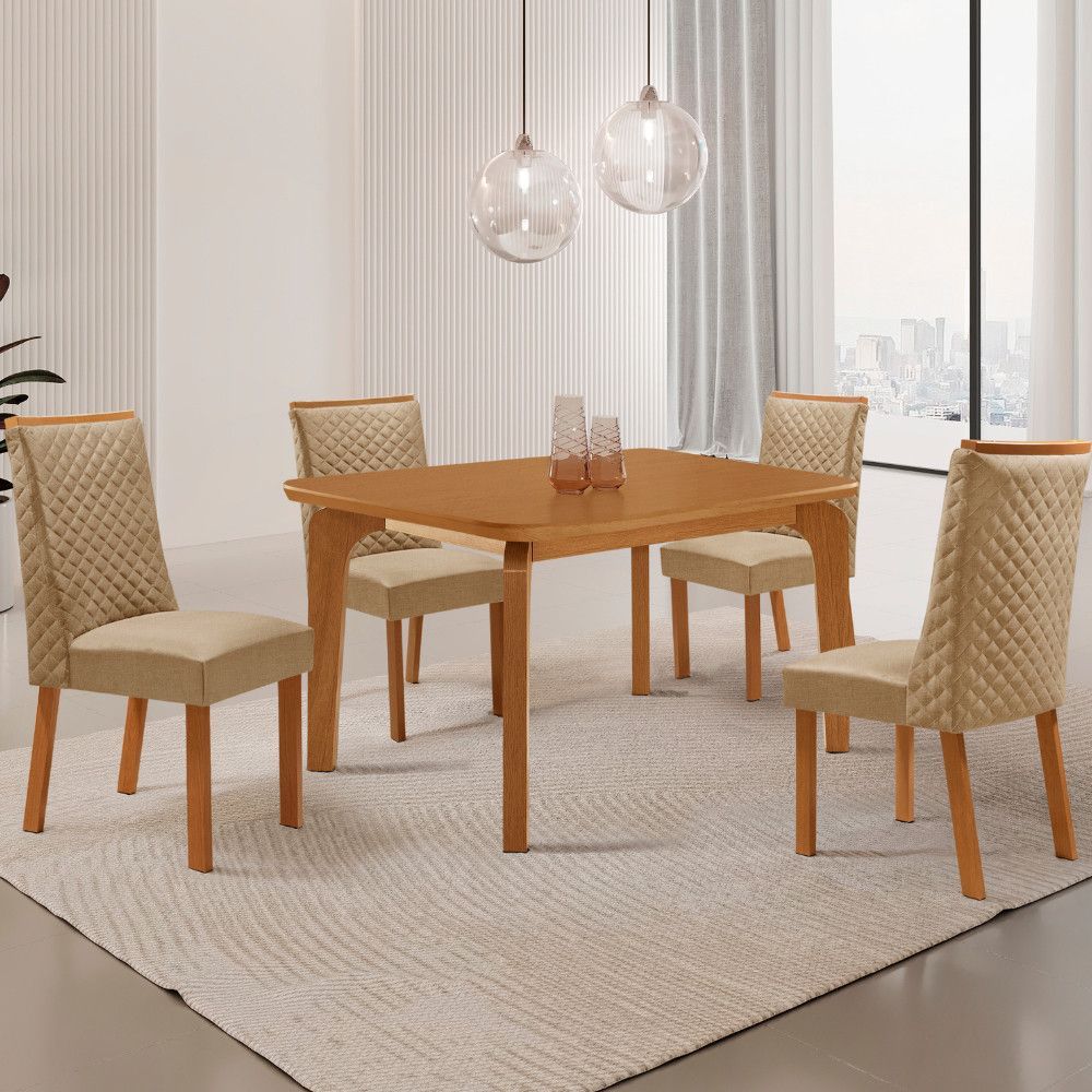 Mesa de Jantar Liz 4 Lugares Retangular MDF Laminado 120CM Amadeirado com 4 Cadeiras Yasmin Moderna