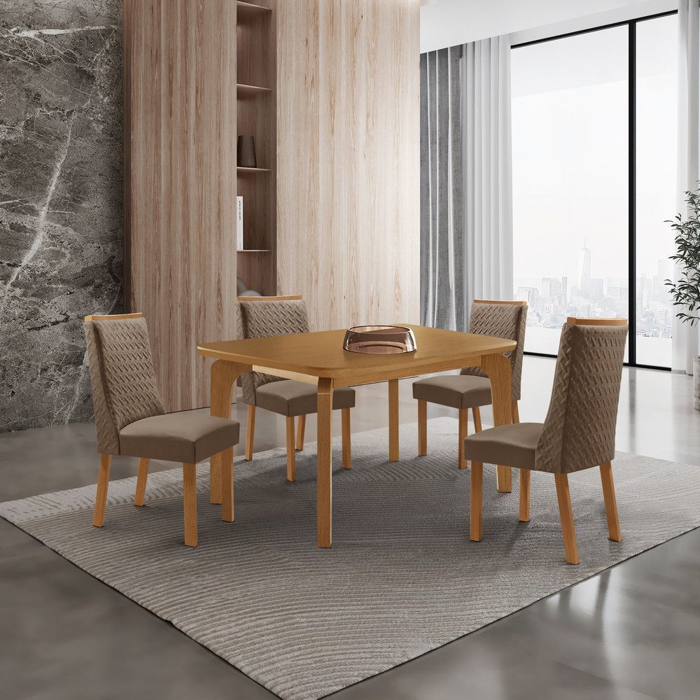 Mesa de Jantar Liz 4 Lugares Retangular MDF 120CM Capuccino com 4 Cadeiras Carolina Veludo Moderna