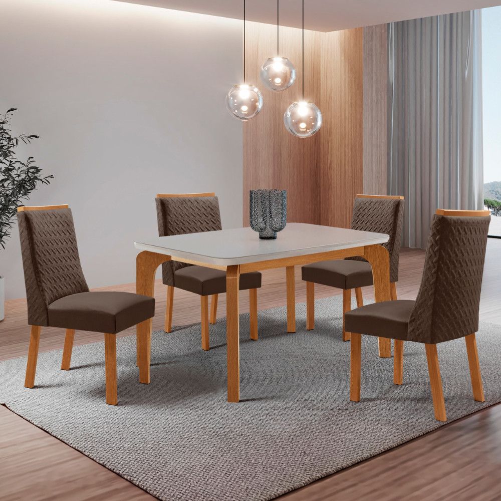 Mesa de Jantar Liz 4 Lugares Retangular MDF com Vidro Serigrafado 120CM Marrom 4 Cadeiras Carolina Moderna