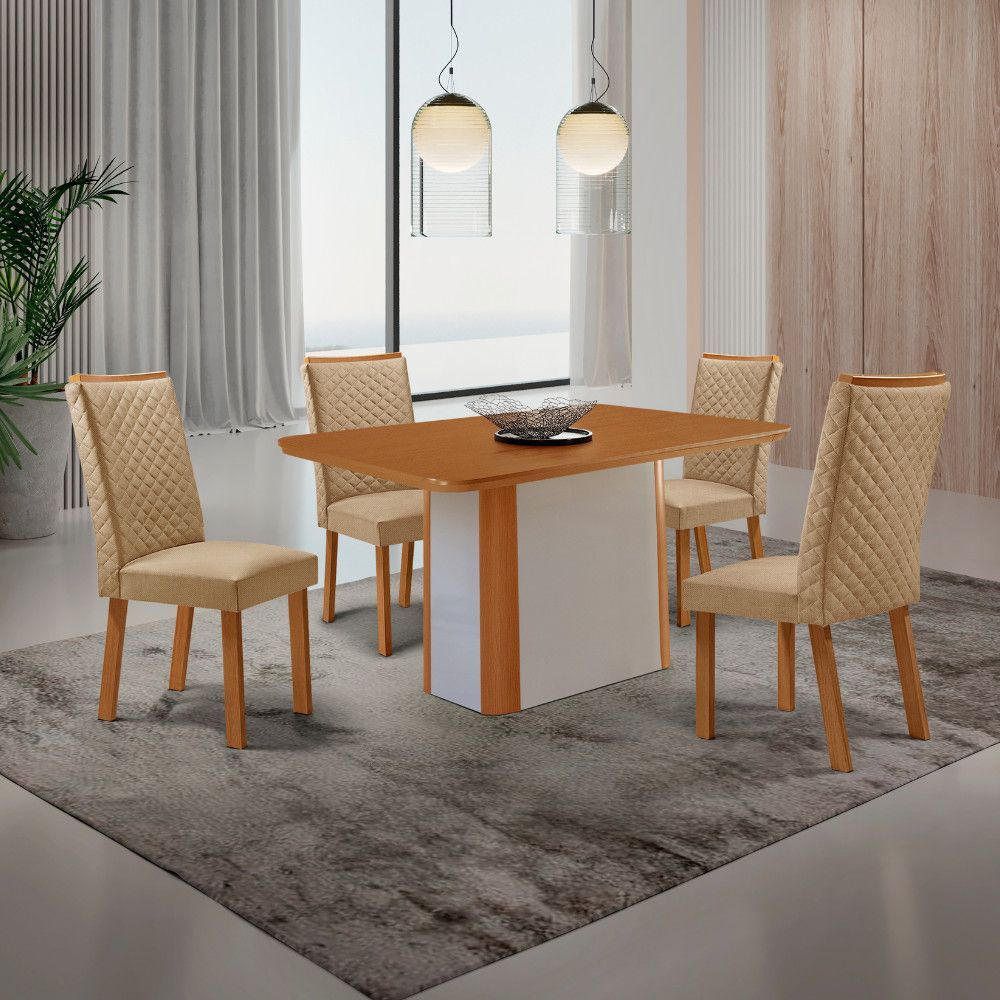 Mesa de Jantar Isadora 4 Lugares Retangular MDF com Vidro Serigrafado Off White Moderna 120CM