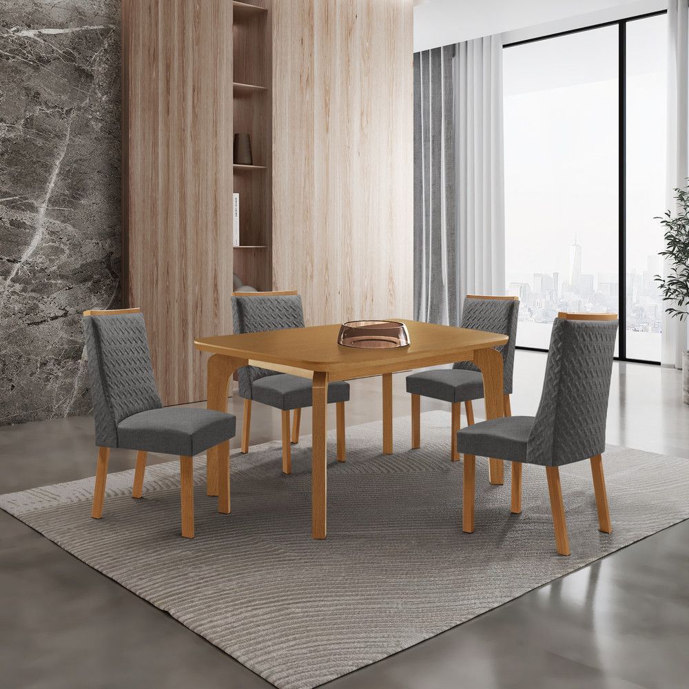 Mesa de Jantar Liz 4 Lugares Retangular MDF Copo e 4 Cadeiras Carolina Linho Grafite e Naturalle Moderna 120CM