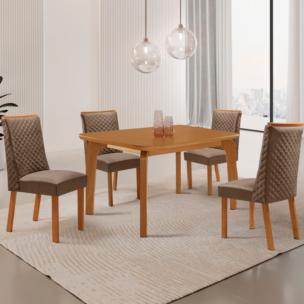 Mesa de Jantar Liz 4 Lugares Retangular MDF Laminado 120CM Creme com 4 Cadeiras Yasmin Veludo Capuccino-Naturalle