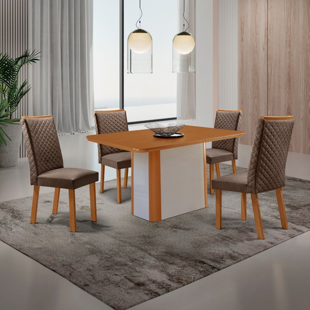 Mesa de Jantar Isadora 4 Lugares Tampo em MDF com Vidro Serigrafado e Cadeiras Aline Estofadas em Veludo Marrom 120CM