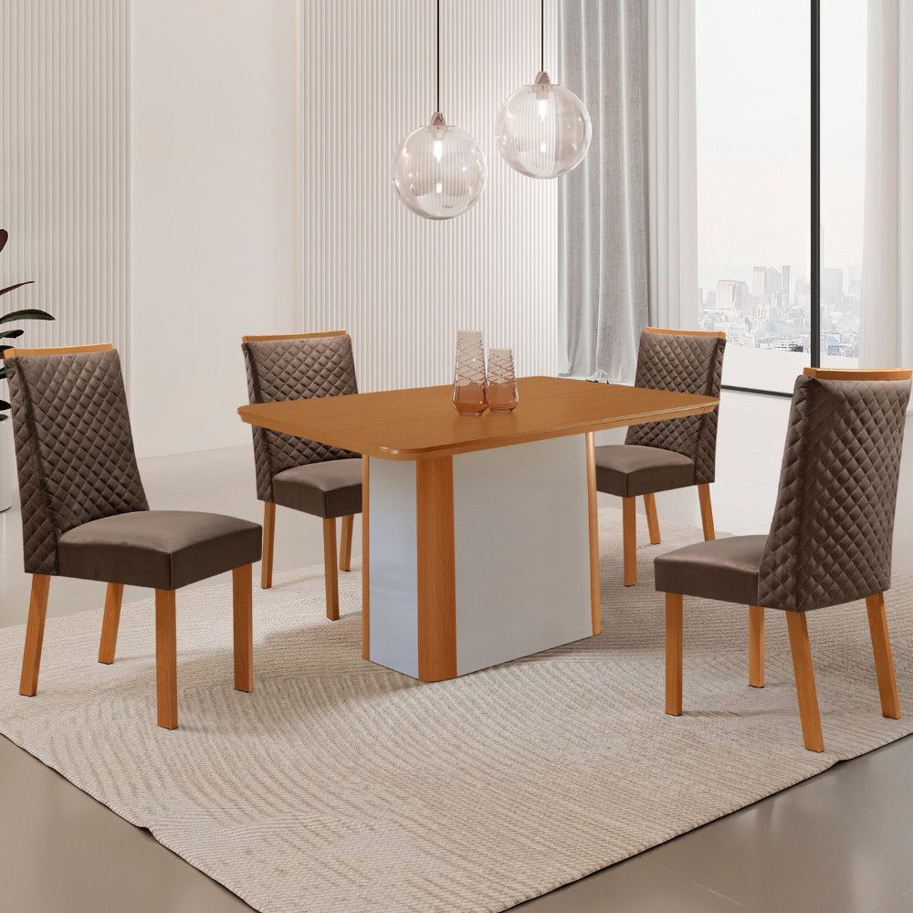 Mesa de Jantar Isadora 4 Lugares Retangular MDF Laminado 120CM Marrom e Naturalle com Cadeiras Yasmin Moderna