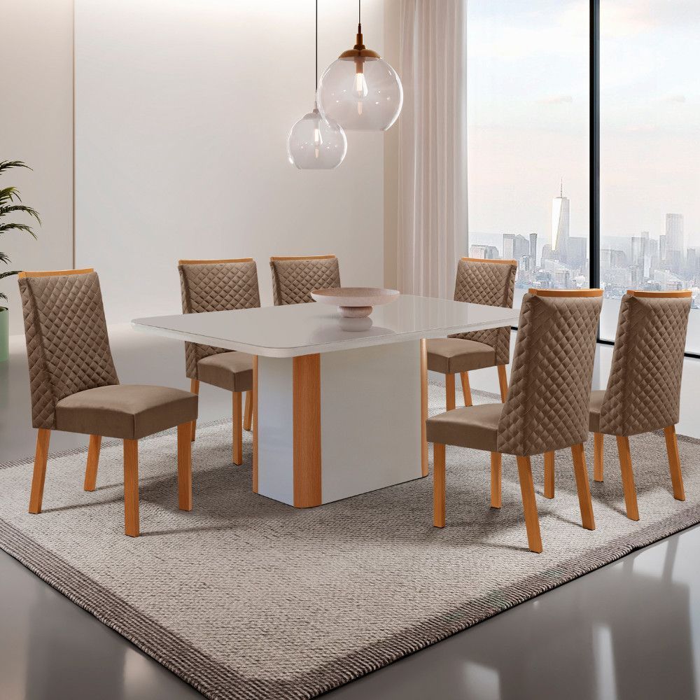 Mesa de Jantar Isadora 6 Lugares Retangular MDF com Vidro Serigrafado 180CM Off White Moderna