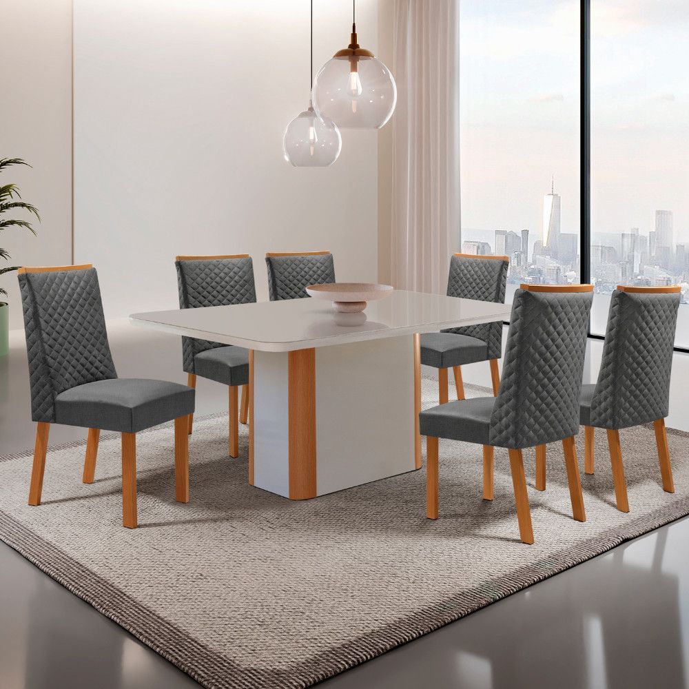 Mesa de Jantar Isadora 6 Lugares Retangular MDF com Vidro Serigrafado Grafite Moderna 180CM