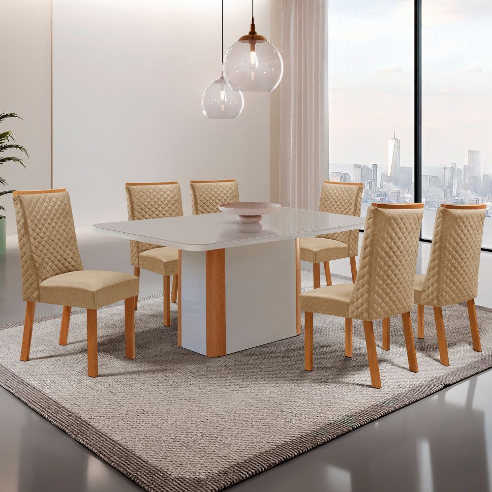 Mesa de Jantar Isadora 6 Lugares Retangular MDF com Vidro 180CM Off White Moderna