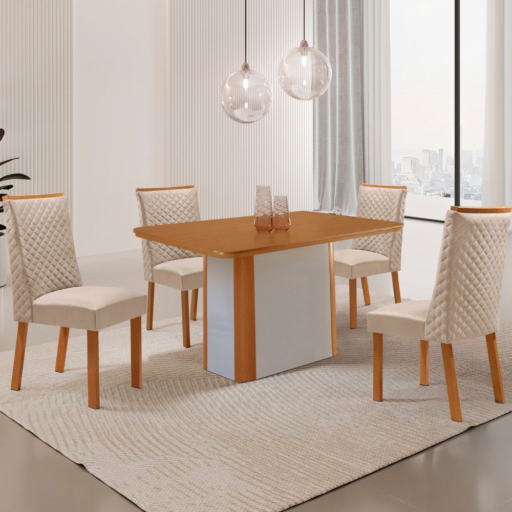 Mesa de Jantar Isadora 4 Lugares Retangular MDF Laminado 120CM Creme e Naturale com 4 Cadeiras Yasmin Veludo Moderna