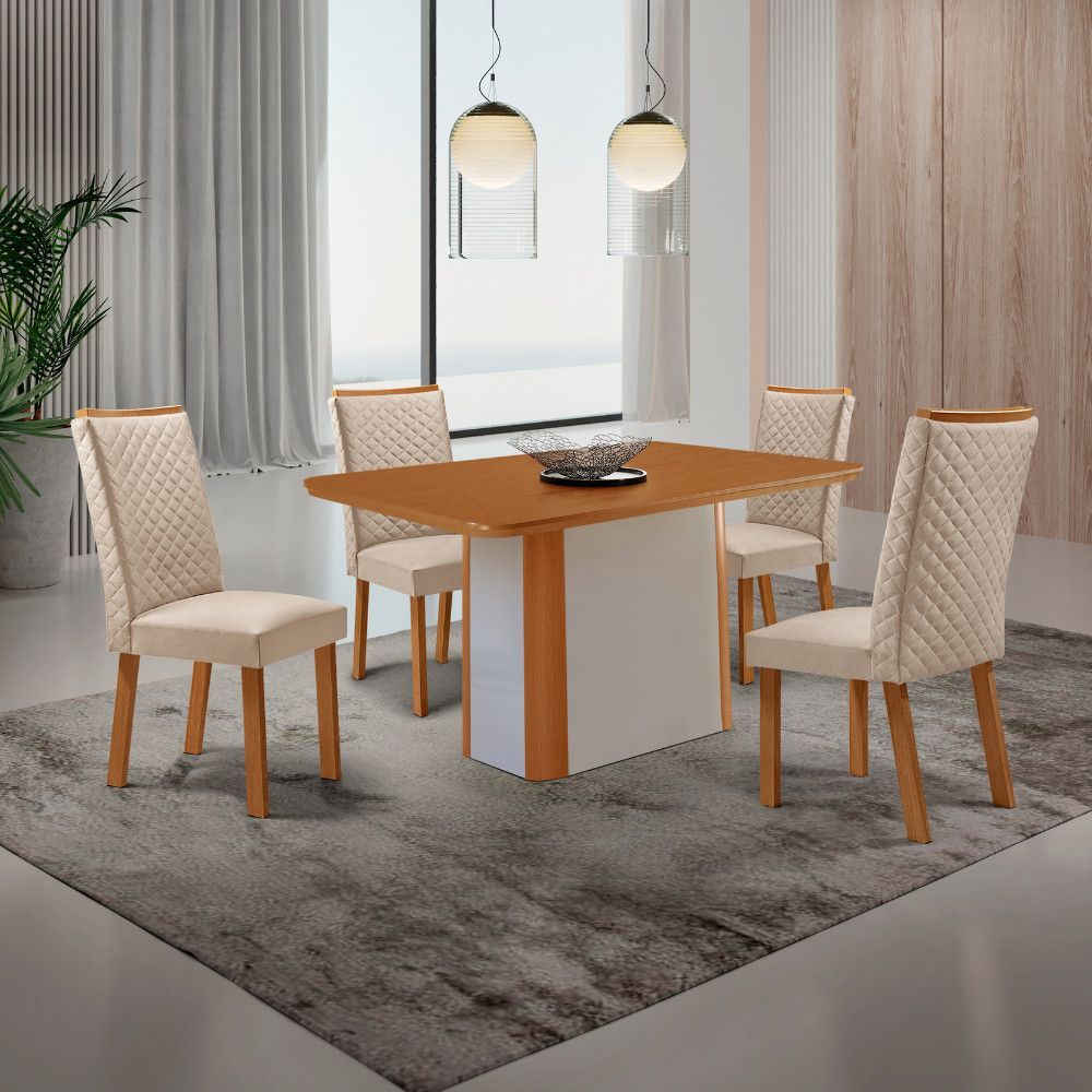 Mesa de Jantar Isadora 4 Lugares Retangular MDF com Vidro Serigrafado 120CM Off White com Cadeiras Aline Veludo Creme