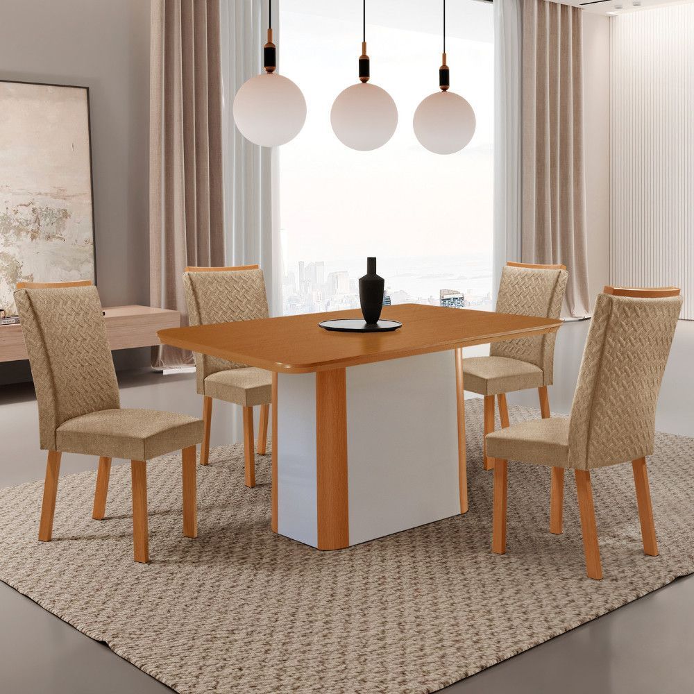 Mesa de Jantar Isadora 4 Lugares Tampo em MDF com Cadeiras Lisa Estofadas Off White 120CM Moderna