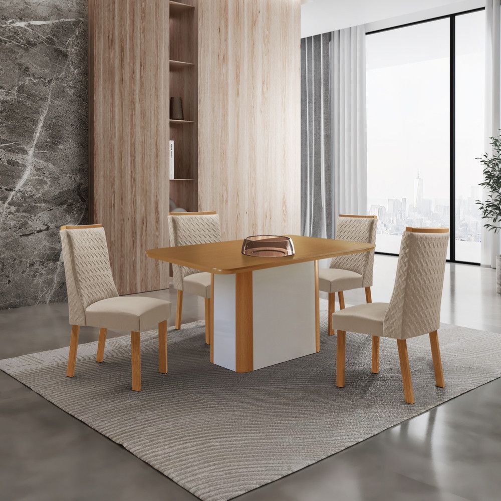 Mesa de Jantar Isadora 4 Lugares Retangular MDF 120CM Creme Moderna com 4 Cadeiras Carolina