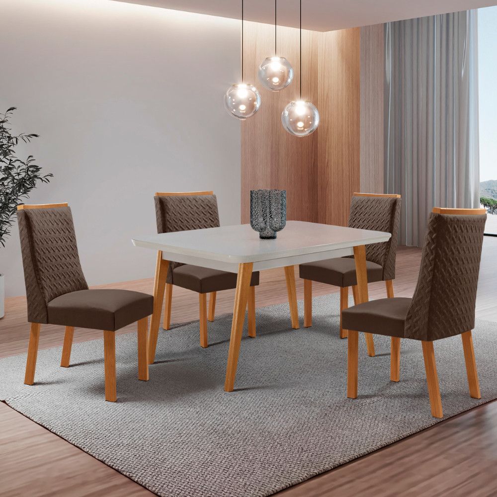 Mesa de Jantar Copper 4 Lugares Retangular MDF com Vidro Serigrafado 120CM Marrom e 4 Cadeiras Carolina Veludo Moderna